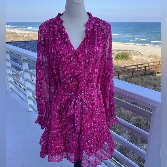 Fate Animal Print With Lurex Chiffon Tie Waist Dress In Hot Pink - Picture 2 of 9